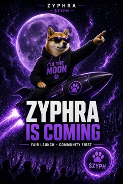 A promotional poster for the 'ZYPHRA' meme token featuring a Shiba Inu dog in a hoodie riding a rocket, with text reading 'ZYPHRA IS COMING' and 'TO THE MOON', along with 'FAIR LAUNCH - COMMUNITY FIRST'.