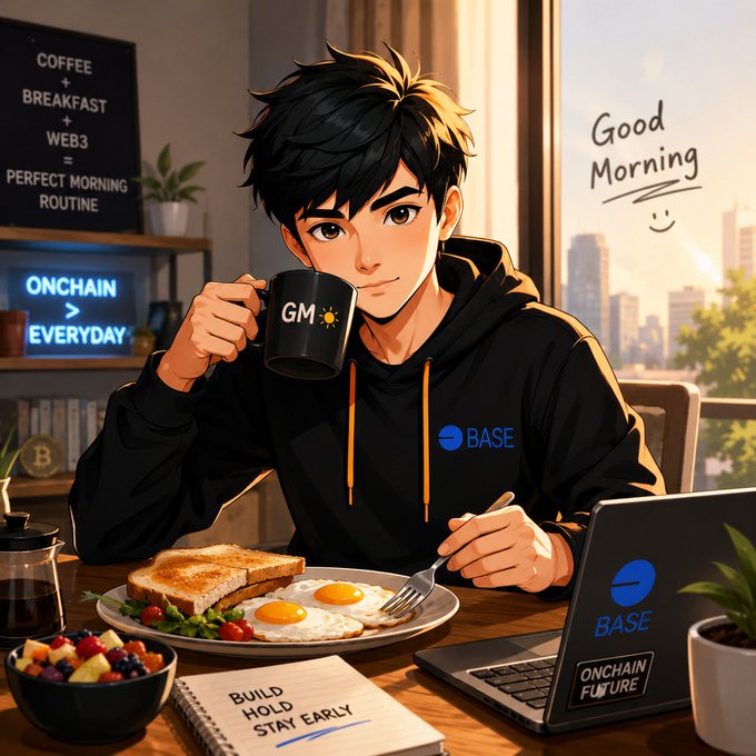 An anime-style character enjoying a 'Good Morning' routine with coffee and breakfast, featuring text like 'COFFEE + BREAKFAST + WEB3 = PERFECT MORNING ROUTINE', 'ONCHAIN EVERYDAY', 'GM', and 'BASE' branding on his hoodie and laptop, with a notebook reading 'BUILD HOLD STAY EARLY'.