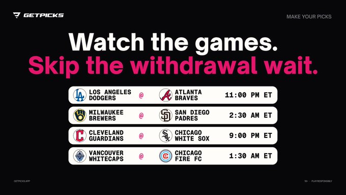 GetPicks promotional graphic reading 'Watch the games. Skip the withdrawal wait,' displaying a sports matchup schedule featuring Dodgers vs Braves, Brewers vs Padres, Guardians vs White Sox, and Whitecaps vs Chicago Fire.