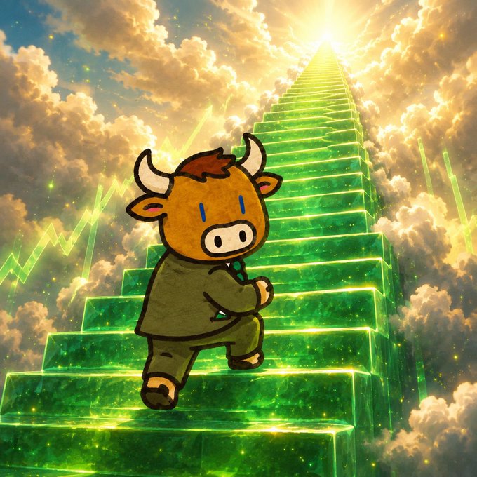 An illustration of a cartoon bull wearing a green hoodie climbing glowing green stairs that ascend into a bright, cloudy sky, with a financial chart visible in the background.