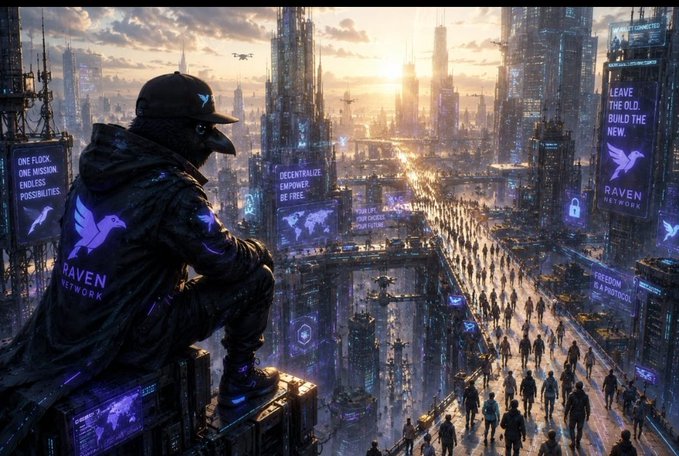 A hooded figure in a black jacket with a purple "RAVEN NETWORK" logo and eagle emblem sits perched above a sprawling futuristic cityscape, with banners displaying "ONE FLOCK. ONE MISSION. ENDLESS POSSIBILITIES" and "LEAVE THE OLD. BUILD THE NEW."
