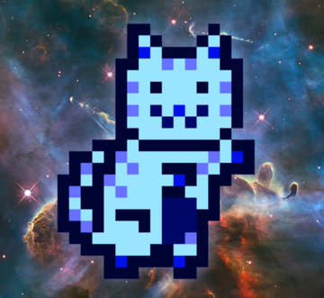 A pixel art blue bear-like character floats against a colorful nebula and starfield background.