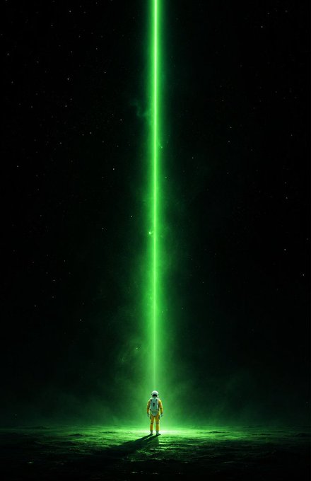 An astronaut stands alone on a dark, barren planetary surface as a brilliant green beam of light pierces the starry sky above. The solitary figure gazing up at the radiant light evokes the vast, uncertain journey of crypto investors, with the #Crypto #BTC hashtag symbolizing perseverance through the long stretches of stillness before the next major breakout.