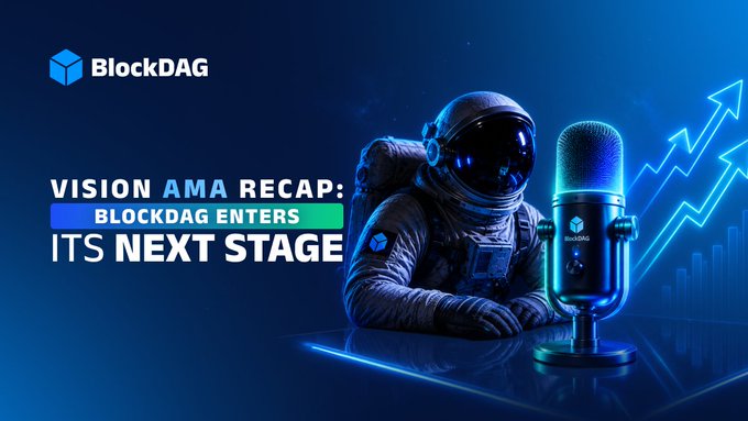 BlockDAG promotional banner featuring an astronaut and microphone with the text 'VISION AMA RECAP: BLOCKDAG ENTERS ITS NEXT STAGE' against a blue background with upward trending arrows.