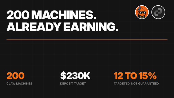 A black promotional graphic for PLAY pre-deposits displays the headline "200 MACHINES. ALREADY EARNING." alongside DualMint logos, highlighting key metrics: 200 claw machines, a $230K deposit target, and a targeted 12 to 15% return. The image visually reinforces the post's message about DualMint's machine vault backing PLAY with revenue from already-operating claw machines.