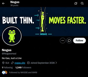 A Twitter/X profile page for 'Nogas' (@Nogasonsui) with 36 posts, featuring a banner that says 'BUILT THIN. MOVES FASTER.' with an illustration of a slim frog and a circular profile picture of the same frog character.