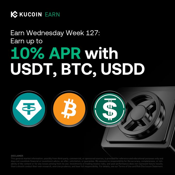 A KuCoin Earn promotional graphic advertises "Earn Wednesday Week 127," offering up to 10% APR on USDT, BTC, and USDD, displayed alongside coin icons and a vault illustration, matching the post's call to subscribe for limited-time yields.