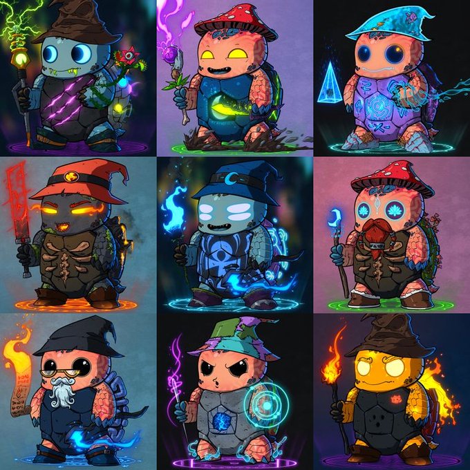 A grid of nine cartoon-style illustrations depicting various wizard and warrior turtle characters, each equipped with different magical weapons and elemental auras.