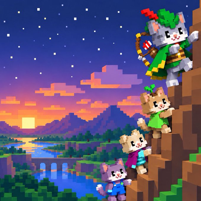 Pixel art illustration of four cute blocky characters climbing up a rocky cliff against a sunset landscape with a river and bridge.