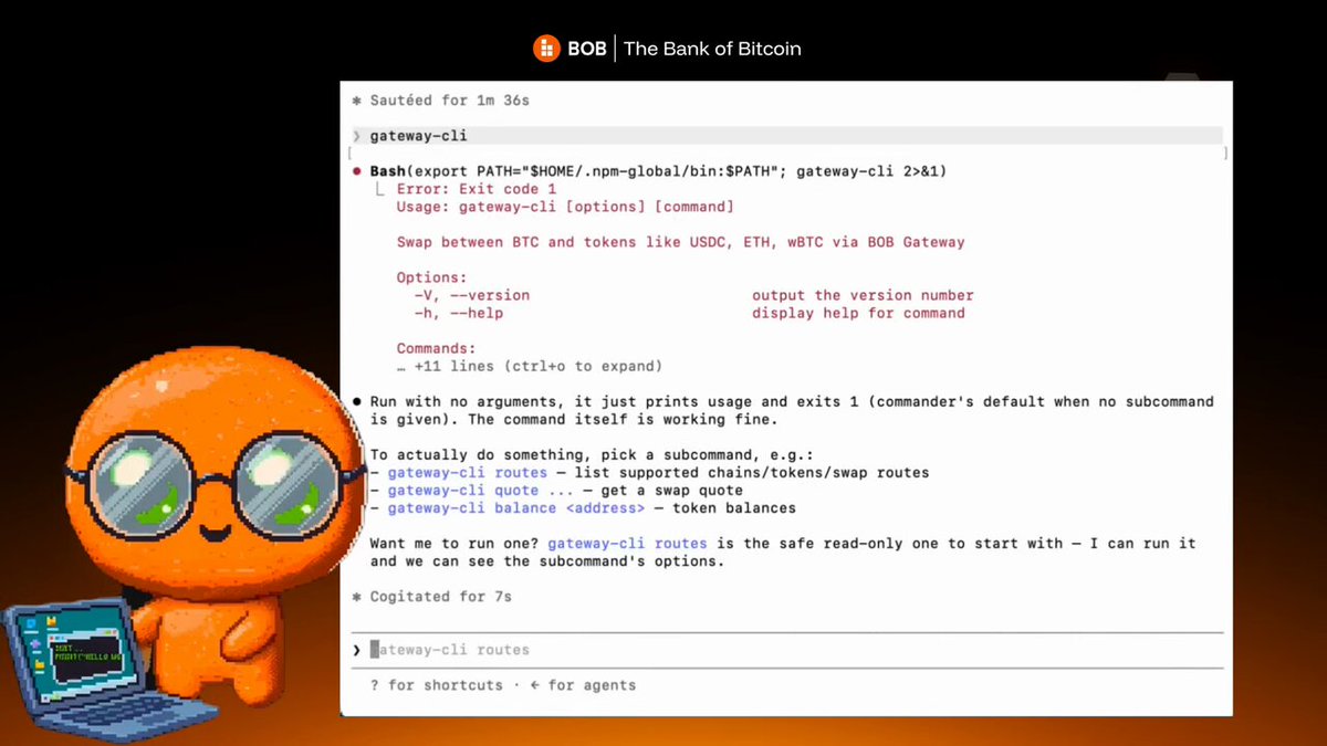The image shows a computer screen with a program called gateway-cli displayed on it. The program appears to be related to cryptocurrency, as indicated by the text "We've just released our new gateway-cli". The program is designed for integrating into an agent and can be used to swap Bitcoin to Ethereum or vice versa. It also allows users to cash out their Bitcoins using Etherium. The image includes a small orange character with glasses that appears to be holding a computer monitor, suggesting it might be a promotional image for the gateway-cli software.