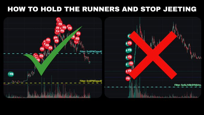A cryptocurrency trading tutorial image titled 'HOW TO HOLD THE RUNNERS AND STOP JEETING', showing two chart patterns with 'FS' (Full Send) markers — a green checkmark indicating the correct selling pattern along an upward trend, and a red X showing the wrong pattern of selling during a dip.