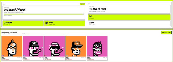 A cryptocurrency dashboard showing 'PUNK' token statistics with 74,348,005.56 PUNK total supply, 12,348.13 PUNK in liquidity, and a gallery of pixel-art CryptoPunk NFTs.