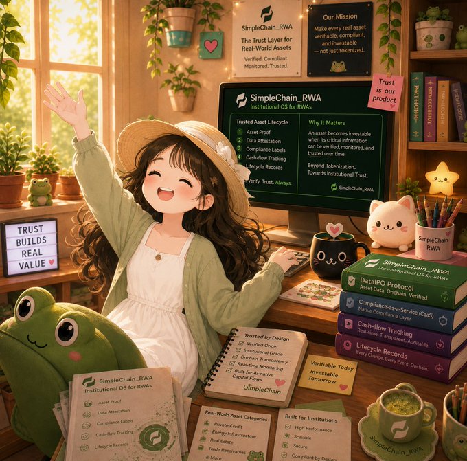 An anime-style illustration of a cheerful girl with a straw hat waving next to a monitor displaying 'SimpleChain_RWA: Institutional OS for RWAs' with features like 'Asset Proof', 'Data Attestation', 'Compliance Labels', and 'Cash-flow Tracking', surrounded by product brochures and a 'TRUST BUILDS REAL VALUE' sign.