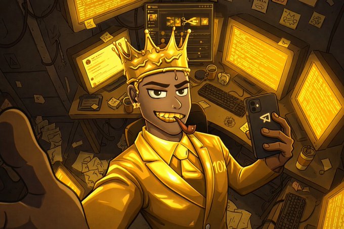 A cartoon-style illustration of a character wearing a gold crown and a golden suit, smoking a cigar, and taking a selfie with a smartphone in a room filled with glowing computer monitors.