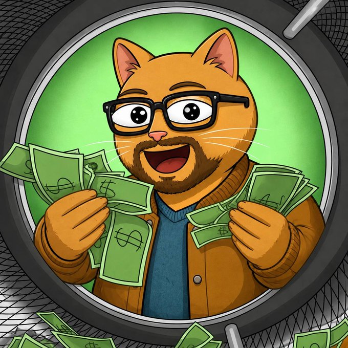Cartoon illustration of a cat character wearing glasses and a brown jacket, holding green dollar bills while looking through a porthole-style frame.