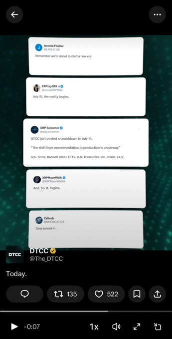 A screenshot of a Twitter/X video post from @The_DTCC (dated Today) showing replies including @Val3rieFlaucher saying "Remember we're about to start a new era," @XRPvangelist88 noting "July 15, the reality begins," @xp_screener confirming "DTCC just posted a countdown to July 15," and others anticipating the launch—themed around the $XRP and $XLM tickers mentioned in the post.