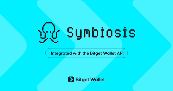 The image is a bright cyan promotional graphic featuring the Symbiosis logo and name alongside text reading "Integrated with the Bitget Wallet API" and the Bitget Wallet branding at the bottom. It visually reinforces the announcement of Symbiosis's integration with the Bitget Wallet API as a multi-chain liquidity protocol.
