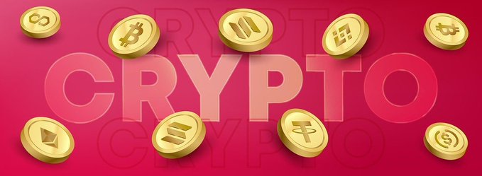 A graphic featuring golden cryptocurrency coins floating above the word 'CRYPTO' repeated in the background on a pink-red surface.