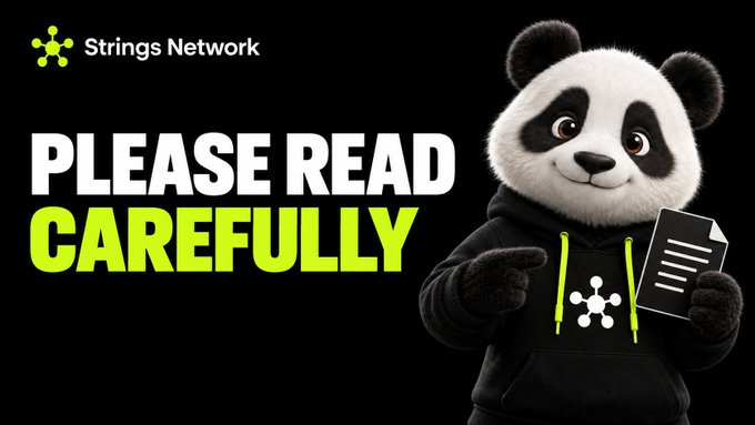 A panda mascot wearing a black hoodie with the Strings Network logo points to a document, alongside bold text reading "PLEASE READ CAREFULLY" with the Strings Network branding, emphasizing the importance of carefully reviewing the accompanying KYC clarification update.
