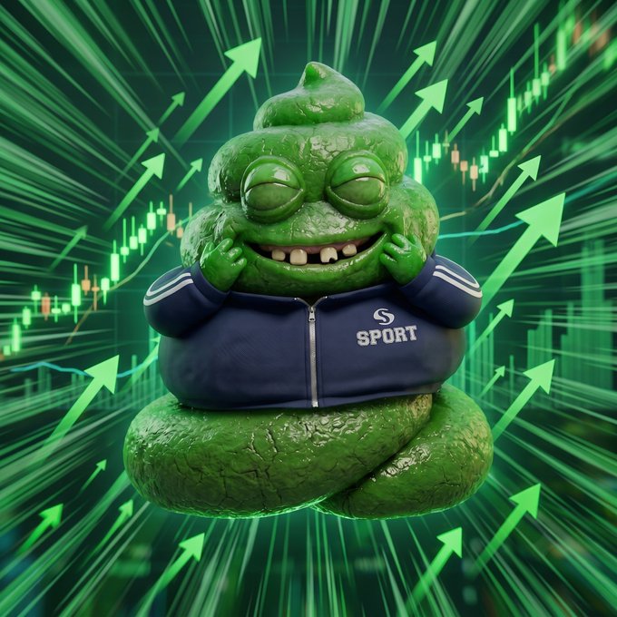 A green Pepe-like character wearing a navy blue jacket with 'S SPORT' text, posed in meditation with closed eyes, set against a background of green upward arrows and candlestick charts suggesting a bullish market.