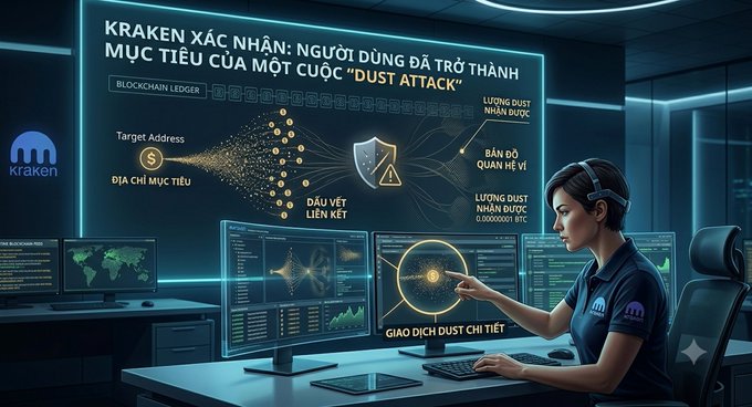 A digital illustration shows a woman in a headset analyzing cryptocurrency transaction data on multiple monitors, with Vietnamese text including 'KRAKEN XÁC NHẬN' and 'DUST ATTACK' displayed on a large screen.