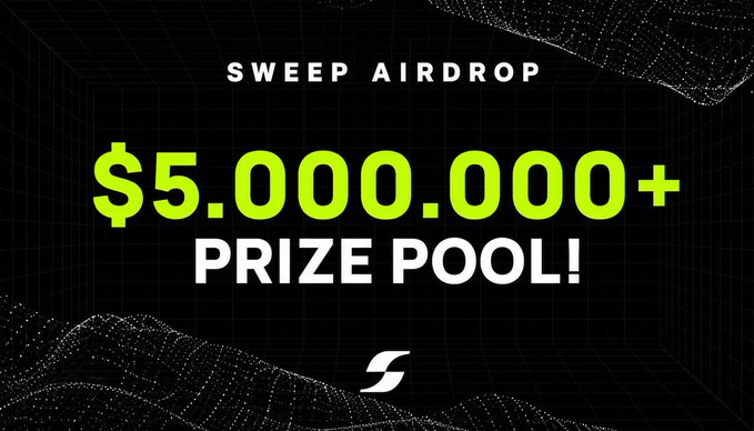 The image promotes a "SWEEP AIRDROP" with a "$5,000,000+ PRIZE POOL!" displayed in bold green text on a dark background featuring a stylized wave pattern, advertising the Sweep Global (@SweepGlobal) giveaway on TaskON offering 250 winning list spots until September 30.