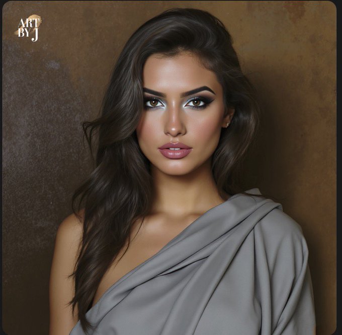 A digital portrait painting of a woman with long, flowing dark brown hair, striking green eyes, and a gray one-shoulder draped garment against a textured brown background, signed 'ART BY J'.