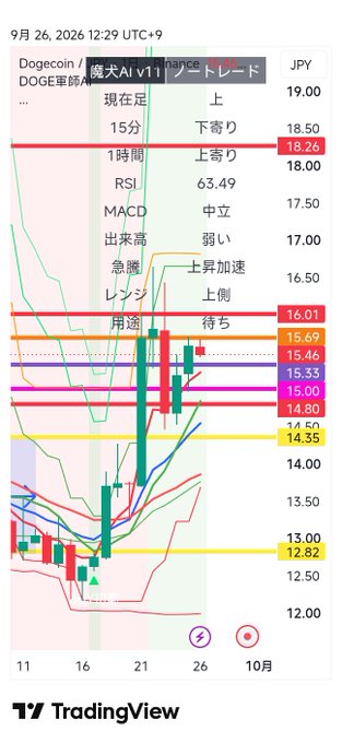 A TradingView candlestick chart for Dogecoin (DOGE) in JPY showing technical indicators including RSI at 63.49 and MACD, with various support/resistance price levels marked and Japanese text labels.