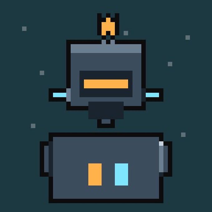 A pixel art illustration of a small robot with a gray body, orange antenna, and blue accents floats against a dark starry background, fitting the promotional theme of the post offering freemint collaboration spots to crypto/NFT communities.