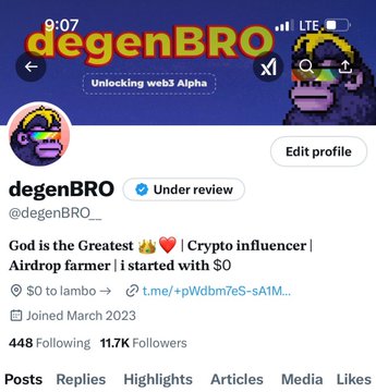 A Twitter profile for "degenBRO" (@degenBRO___) showing 448 Following and 11.7K Followers, displaying the "God is the Greatest 🔥❤️ | Crypto influencer | Airdrop farmer | I started with $0" bio, paired with a post celebrating follower milestones reaching 11k, 16k, 20k, and 30k—directly referencing the current 11.7K follower count shown on the profile.