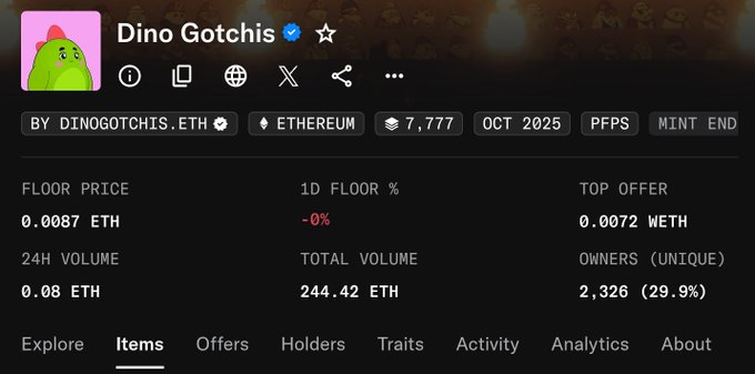 The image shows a screenshot of a computer screen displaying information about an item called "Dino Gotchis", with details such as its floor price, a description, and whether there's any offer available or not. The post, which appears to be a conversation between people, starts by asking a question like, "Why are these still this cheap?" The content of the post seems to revolve around the item displayed on the screen.