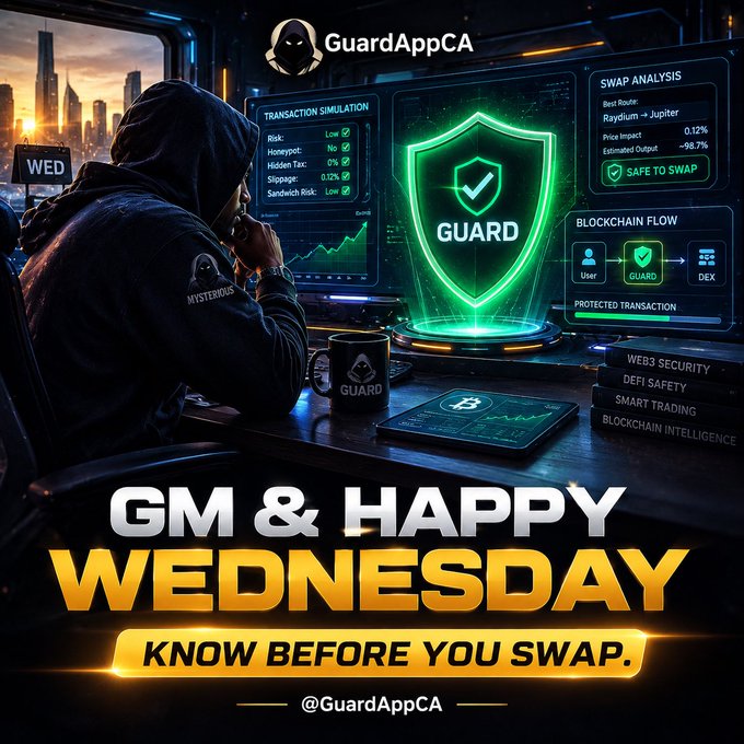 A promotional graphic for 'GuardAppCA' featuring a hooded figure at a computer with green security shield graphics, transaction simulation data, and bold text reading 'GM & HAPPY WEDNESDAY' and 'KNOW BEFORE YOU SWAP.'