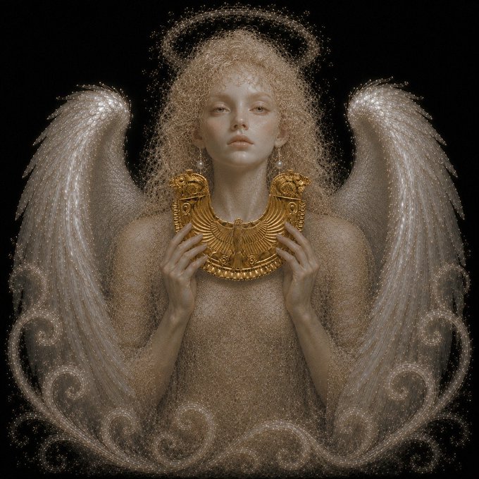 The image features a woman with long blonde hair, wearing an angelic necklace, and holding a golden object or pendant. The background of the image is black, which contrasts with the white elements in the foreground. The image also includes text that reads "FCFS is LIVE! FREE opensea.io/collection/the …"