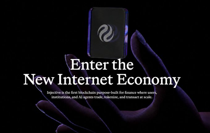 An advertisement showing a hand holding a floating black square with a logo, captioned 'Enter the New Internet Economy' promoting Injective as a blockchain for finance users and AI agents.