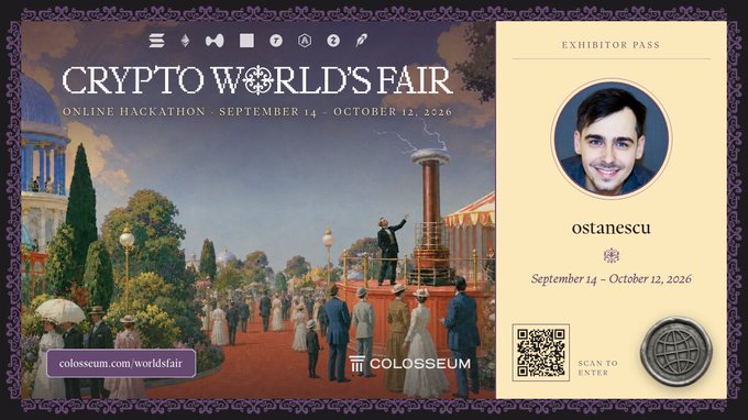 An exhibitor pass for the 'Crypto World's Fair' online hackathon (September 14 – October 12, 2026) issued to 'ostanescu,' featuring a Victorian-era fair illustration and logos for Colossum.