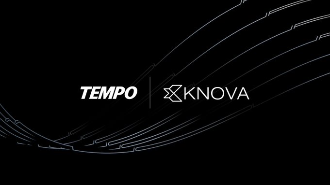 The image displays a sleek black background with thin, flowing curved lines, featuring the white logos "TEMPO" and "KNOVA" separated by a vertical line, representing their new partnership for delivering secure, privacy-preserving tokenized payment solutions to financial institutions.