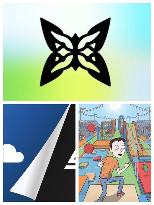 A collage featuring a black butterfly silhouette logo at the top, a minimalist blue graphic with a number '4' on the bottom left, and a cartoon illustration of a man running through an obstacle course on the bottom right.