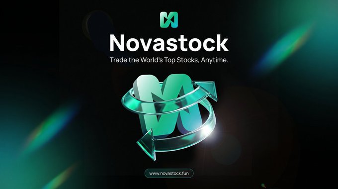 A promotional graphic for 'Novastock' with the tagline 'Trade the World's Top Stocks, Anytime' and a website link, featuring a green and blue 3D logo with orbiting arrows.