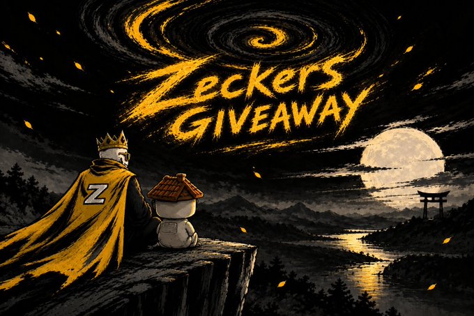 A stylized graphic showing a king with a 'Z' cape and a small house character gazing at a moonlit landscape under swirling yellow text reading 'Zeckers GIVEAWAY'.