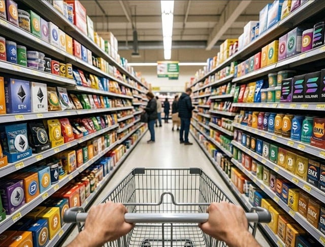 A first-person view pushing a shopping cart down a supermarket aisle lined with colorful product boxes featuring crypto symbols like ETH, SOL, and BMX.