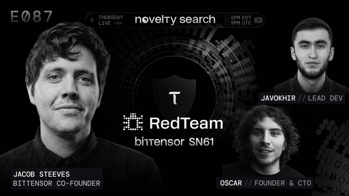 Promotional graphic for episode 87 of a Bittensor podcast, featuring Jacob Steeves (Bittensor Co-Founder), Javokhir (Lead Dev), and Oscar (Founder & CTO) discussing Novelty Search on RedTeam subnet 61, airing Thursday at 5 PM EDT / 9 PM UTC.