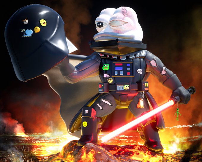 A Darth Vader-style figure with a frog-like creature helmet stands triumphantly on a fiery battlefield, wielding a red lightsaber and holding up a shield decorated with various emoji stickers, including cows, a smiley face, a snail, and a blue character.

The image illustrates the artist's creative process of designing unique accessories and rarity items for their NFT collection, with the character's helmet, stickers, and other decorative elements representing the special, collectible traits being developed.