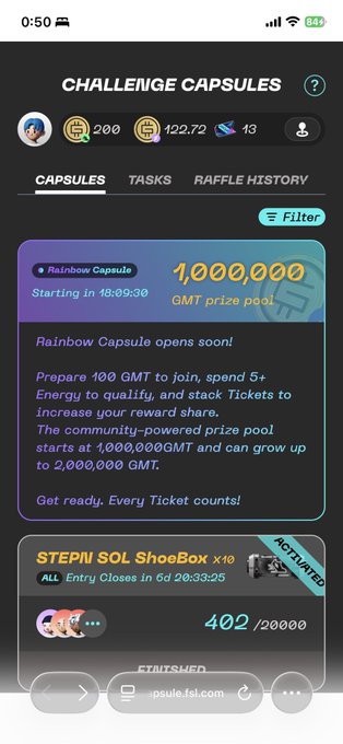 A 'Challenge Capsules' screen from the Step App showing a Rainbow Capsule with a 1,000,000 GMT prize pool and a STEPN SOL ShoeBox x10 raffle entry with 402/20000 tickets activated.