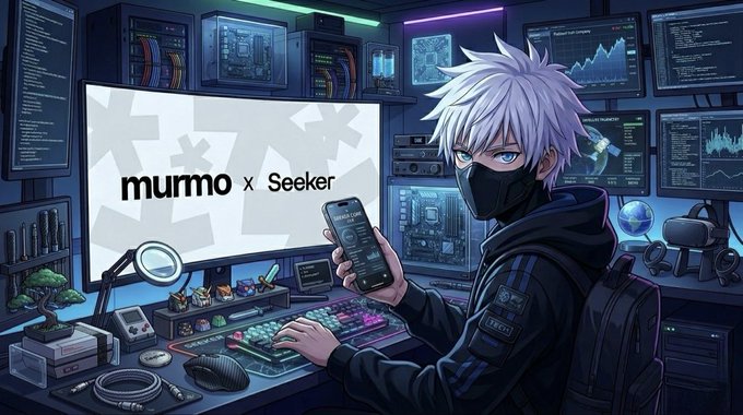 The image features an illustration of a person wearing a mask, sitting at a desk using a cell phone while holding a computer mouse. The background includes a monitor displaying the words "mumoo x Seeker" along with other elements related to mobile native Web3 and cryptocurrency. The focus on the person's actions and their use of technology in this scene highlights the theme of digital transformation and the integration of technology into our daily lives.