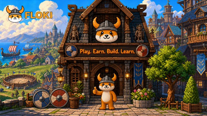 This pixelated image showcases the FLOKI logo and a building with the text "Play. Earn. Build. Learn.", perfectly illustrating the post's weekly goals with a vibrant, game-like aesthetic.