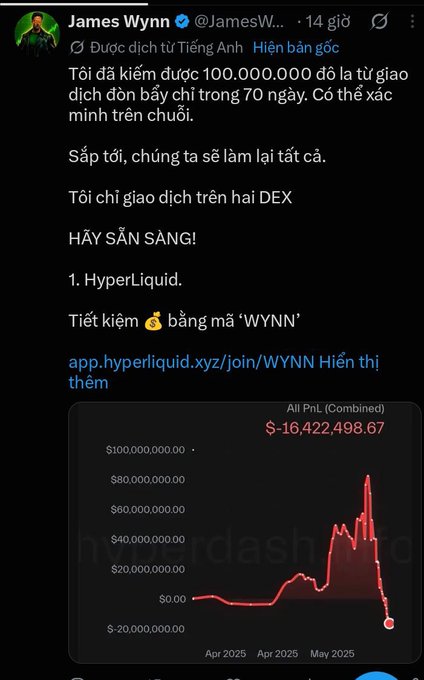 The image is a Vietnamese-translated tweet from crypto whale James Wynn (@JamesW...), in which he claims to have made $100,000,000 in 70 days but now starts over, only trading on two DEXes including HyperLiquid with referral code "WYNN" (app.hyperliquid.xyz/join/WYNN), accompanied by a P&L chart showing an All PnL (Combined) of -$16,422,498.67 from April 2025 to May 2025. The post references Wynn's return to the DEX scene after previously earning $100M in 70 days before losing it all, now opening a 1.33 BTC short position with 20x leverage.