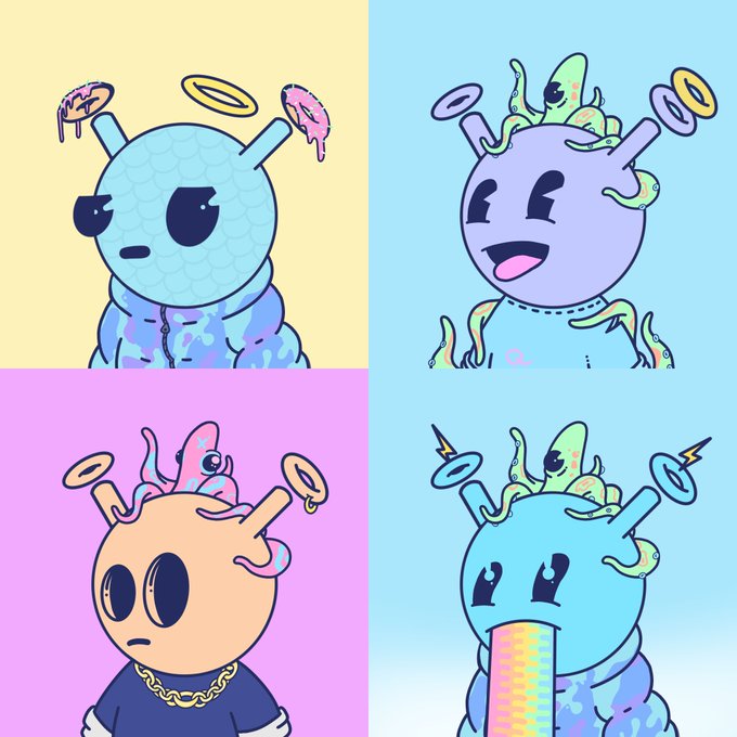 A four-panel cartoon featuring colorful, quirky alien-like creatures with antennae in different pastel backgrounds.