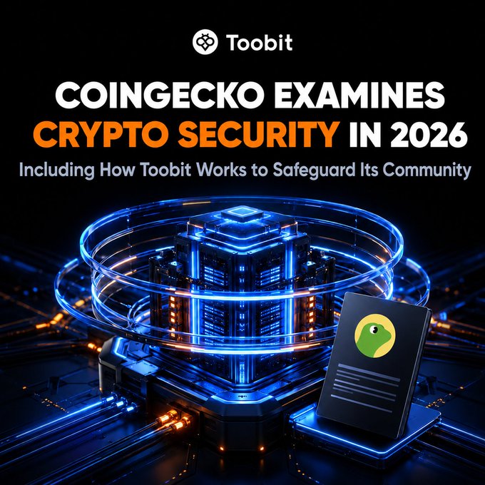 A promotional graphic for Toobit titled 'COINGECKO EXAMINES CRYPTO SECURITY IN 2026' with the subtitle 'Including How Toobit Works to Safeguard Its Community', featuring a futuristic glowing blue server tower and a card with a green parrot logo.