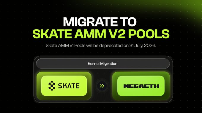 A migration announcement graphic encouraging LPs to "Migrate to Skate AMM v2 Pools" before the July 31, 2026 deprecation of v1, showing the "Kernel Migration" flow from Skate to Megaeth, which visually represents the post's update about moving the AMM kernel logic to Megaeth for improved throughput.