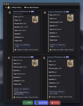 The image shows the Exaverse Marketplace interface displaying four listings for "Chain Tons" NFT items (all priced at $1 with "SELL" buttons), with sellers offering between 10-50 GTS (likely spots) each. This supports the post's warning about upcoming ARC mints, as the marketplace screenshot reveals multiple sellers competing to offload whitelist spots at suspiciously cheap prices.